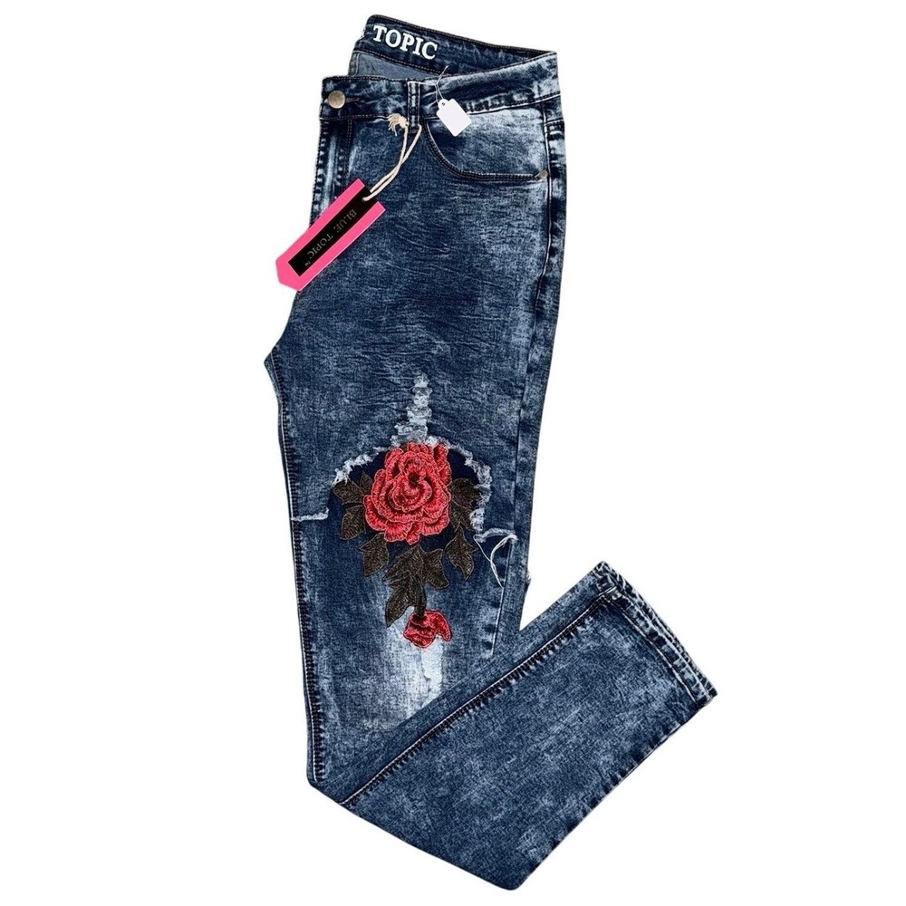 Blue Topic Distressed Floral Patch Skinny Jeans Embroidered Rose Denim 15/16 NEW